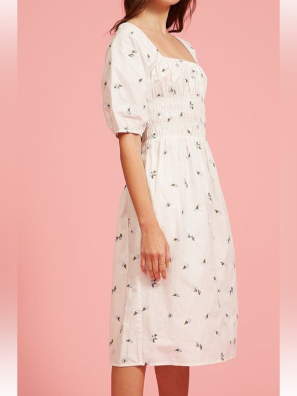 Lucy Paris White Midi Dress with embroidered blue Floral Print NWT size L